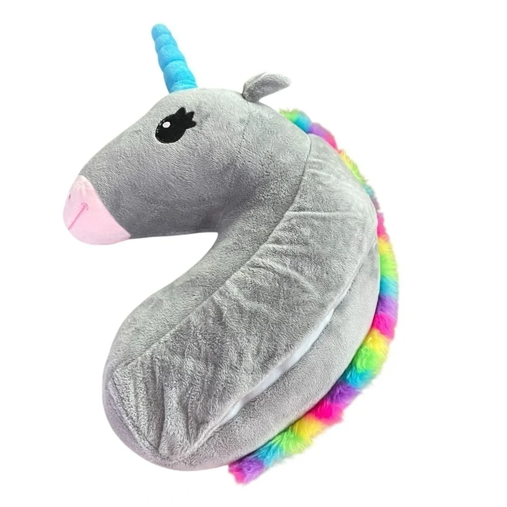 🦄 Kids Unicorn Travel Neck Pillow – Gray Plush w/ Rainbow Mane